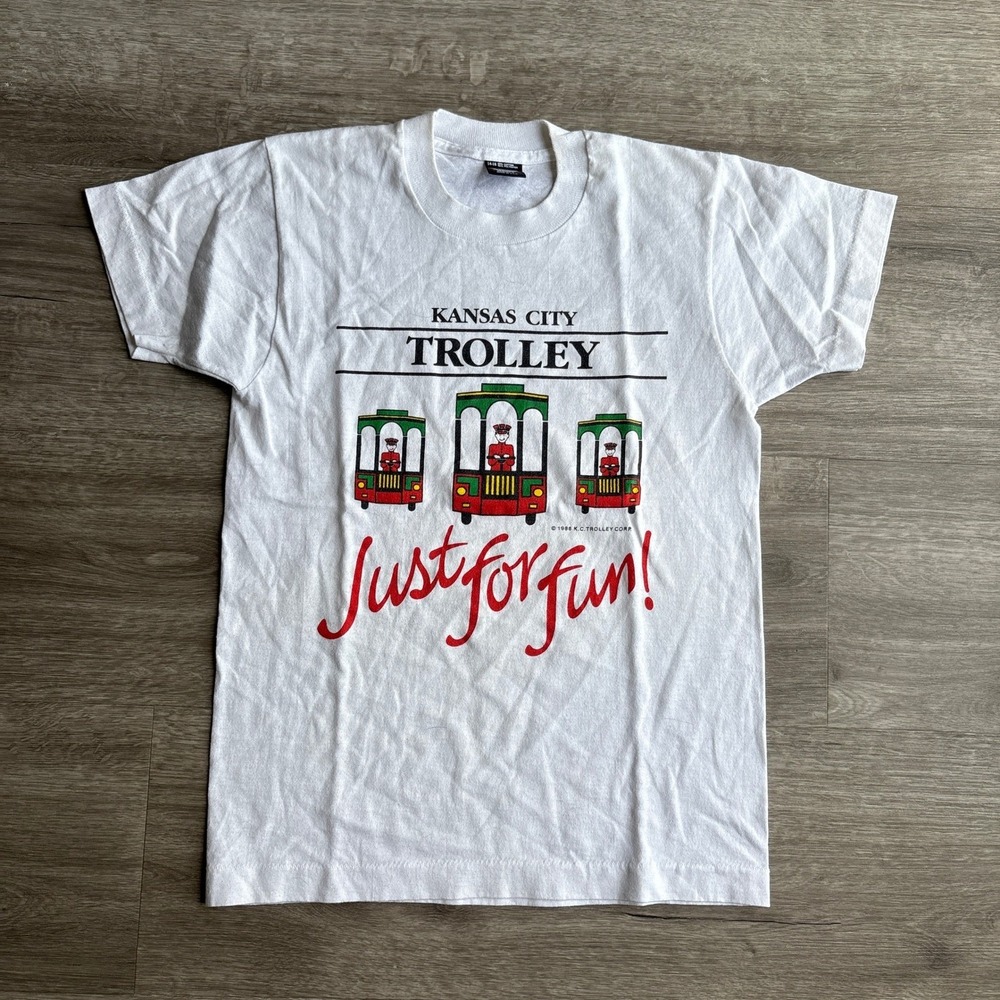 Vtg Screen Stars Best T-Shirt Youth 14-16 White Excellent 1988 KC Trolley 80s